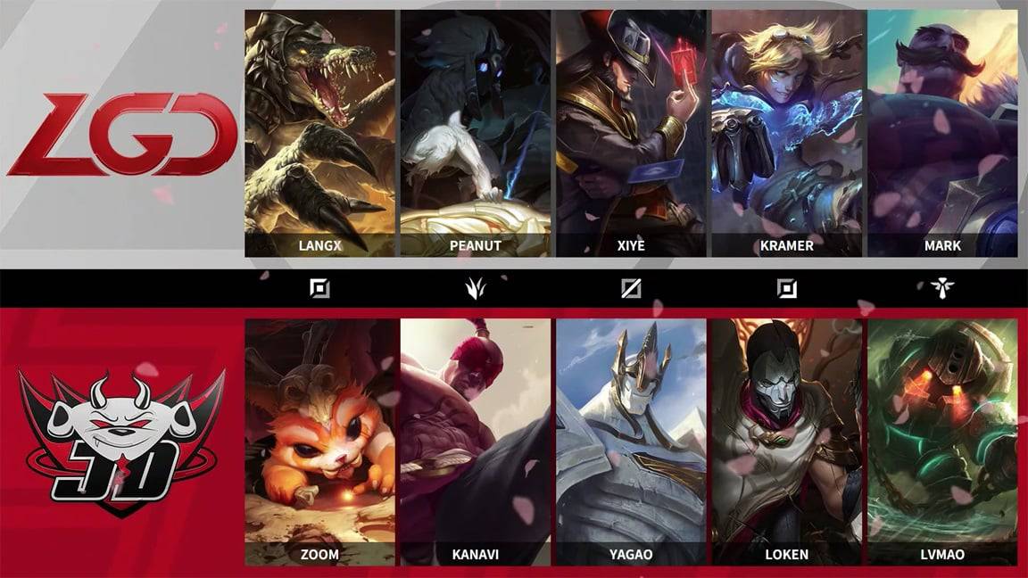 The JD Gaming and LGD.PSG LPL logos appear with their playoff game drafts next to them