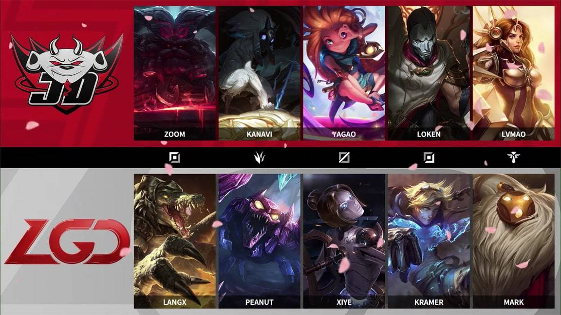 The JD Gaming and LGD.PSG LPL logos appear with their playoff game drafts next to them