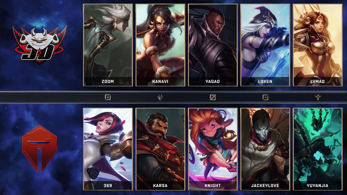 The champion select screen for both Top Esports and JD Gaming for Game 2