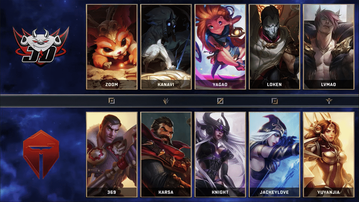 The champion select screen for both Top Esports and JD Gaming for Game 5