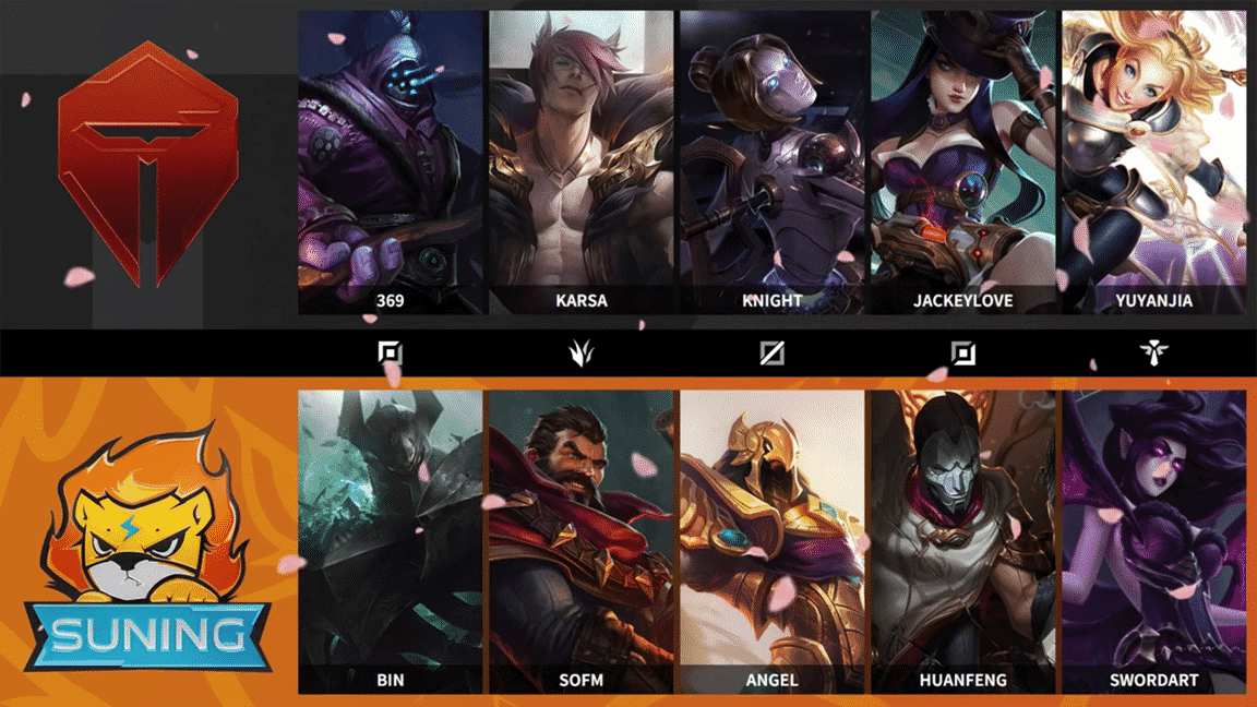 Portrait art of each of the champions used by both teams in game one