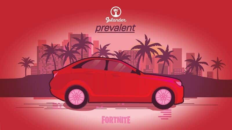Art of the Prevalent car from Fortnite in red in front of a Miami beach background