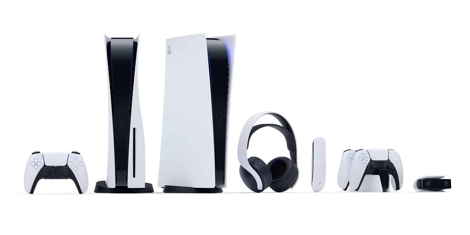 An image showing the full, matching suite of accessories alongside the new console, including a headset, webcam and controller stand