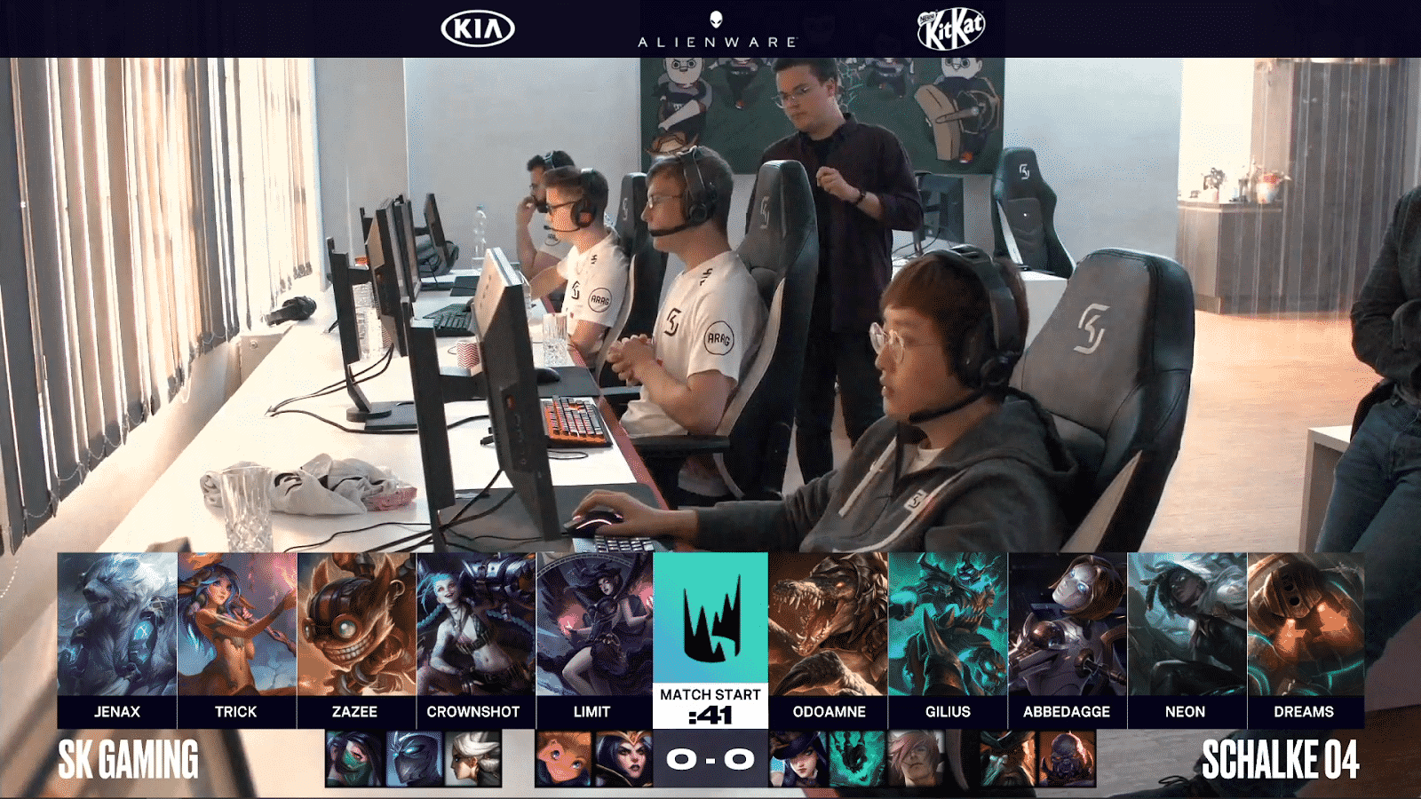 The SK Gaming LEC roster lined up at computers with the in-game drafts for their game with Schalke 04 beneath them