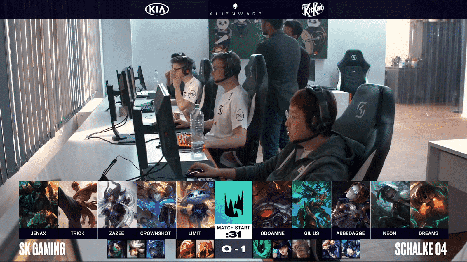 The SK Gaming LEC roster lined up at computers with the in-game drafts for their game with Schalke 04 beneath them