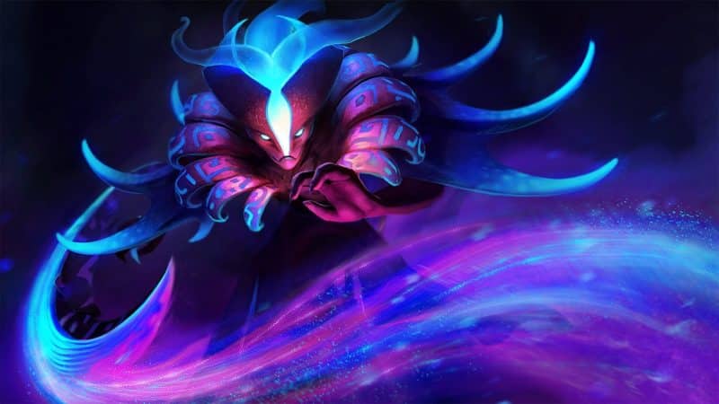 The Dota 2 hero Spectre with a glowing blue and purple swirl around her