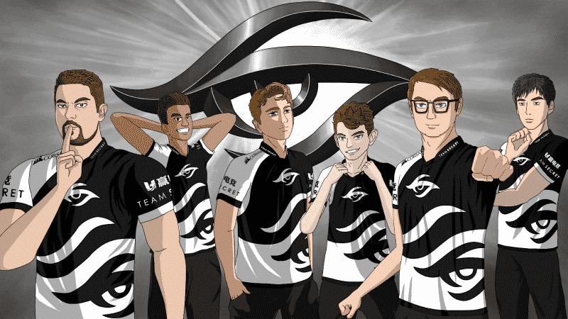 Cartoon version of Team Secret's Dota 2 roster with them all wearing white and black jerseys