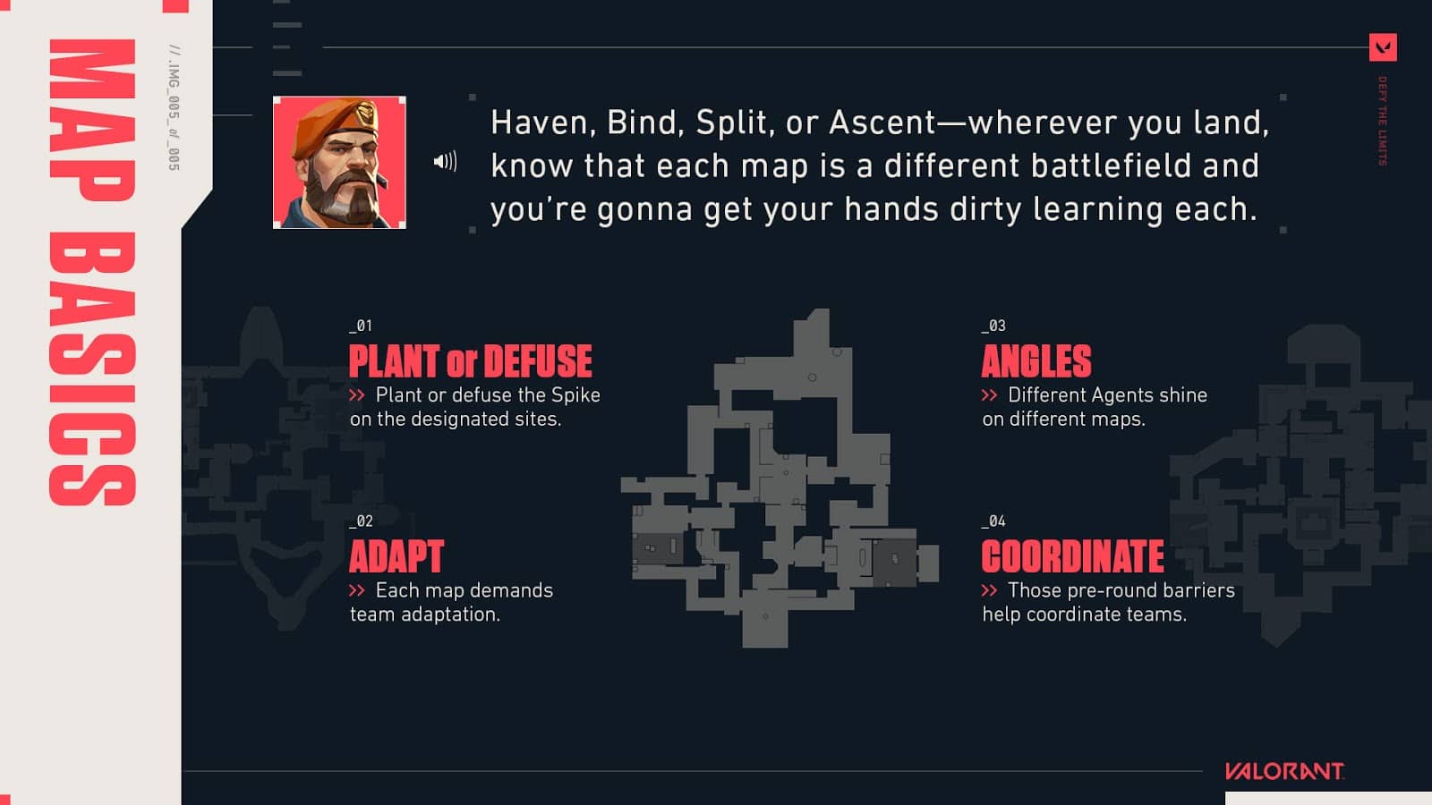 A diagram of Valorant's map, alongside some tips for making the most of each zone including plant or defuse, using different angles and barrier co-ordination