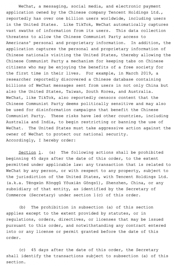 An image of the executive order's section 1a which relates to subsidiaries of Tencent holdings