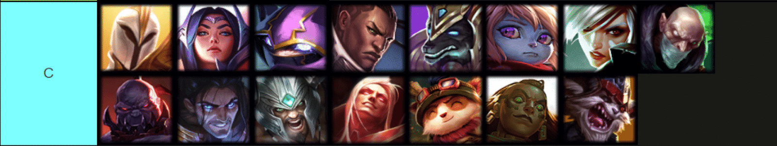 A C Tier for top lane League of Legends champions featuring Kayle, Irelia, Kennen, Lucian, Nasus, Poppy, Riven, Singed, Sion, Sylas, Tryndamere, Vladimir, Teemo, Illaoi, Kled