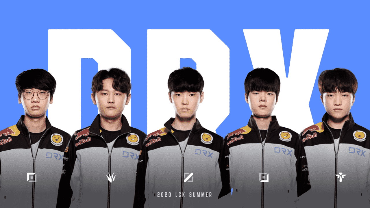 The DRX LoL roster with Choi "Doran" Hyeon-joon, Hong "Pyosik" Chang-hyeon, Jeong "Chovy" Ji-hoon, Kim "Deft" Hyuk-kyu and Ryu "Keria" Min-seok