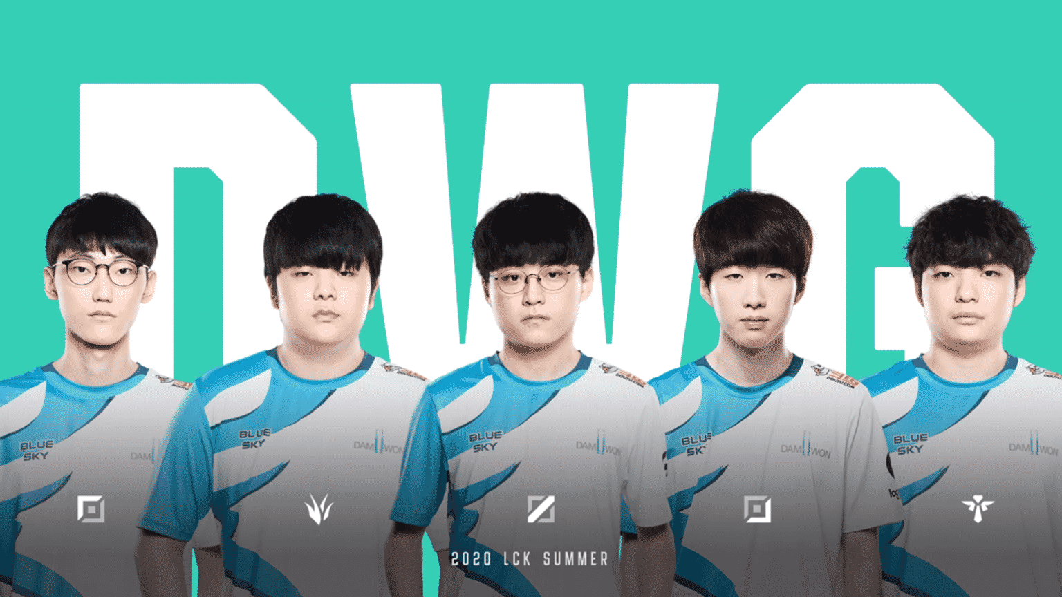 The Damwon Gaming LoL roster featuring Nuguri, Canyon, Showmaker, Ghost and Beryl