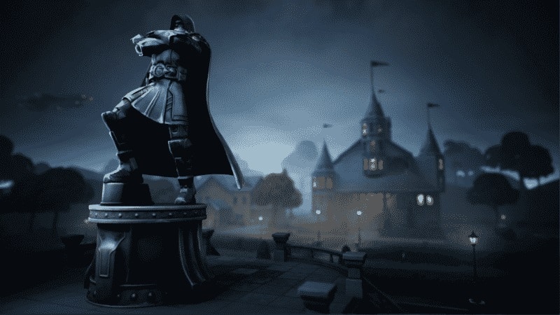 Doom's Domain location in Fortnite, with a dark castle at night with a menacing statue