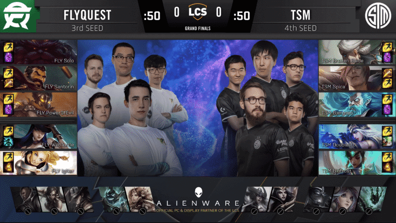 A pre-game screen showing the FlyQuest and TSM LCS rosters with their game drafts and champion images to the sides