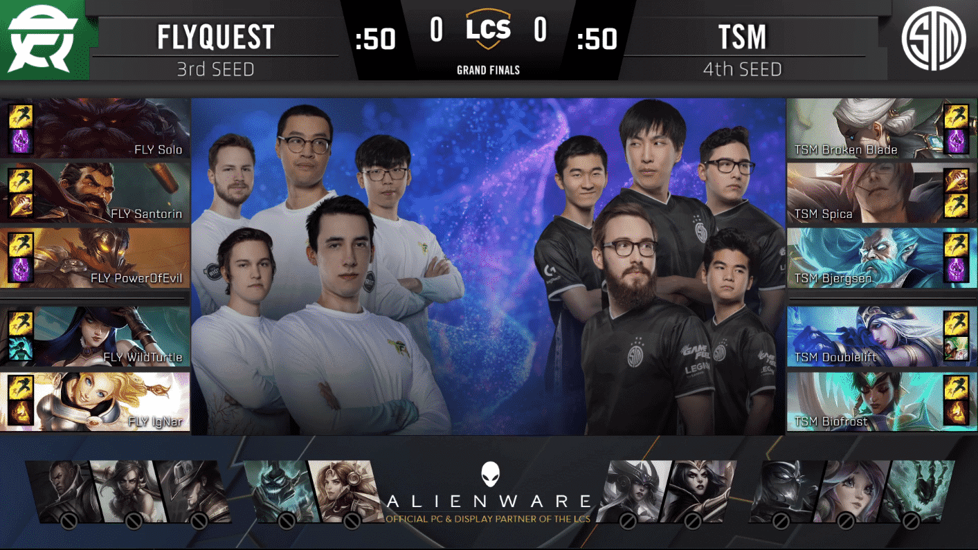 A pre-game screen showing the FlyQuest and TSM LCS rosters with their game drafts and champion images to the sides
