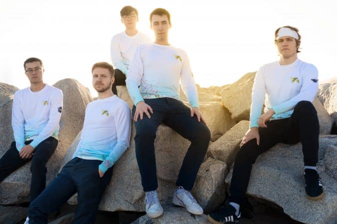 The FlyQuest LoL roster of Solo, Santorin, PowerOfEvil, WildTurtle and IgNar posing on rocks