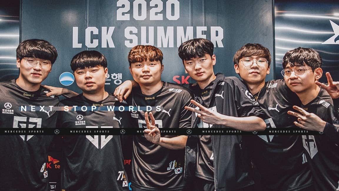 The GenG LoL team posing together in front of a 2020 LCK Summer backdrop