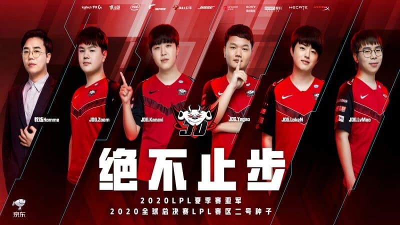 The JD Gaming LPL roster with the names of the players and Chinese text beneath them