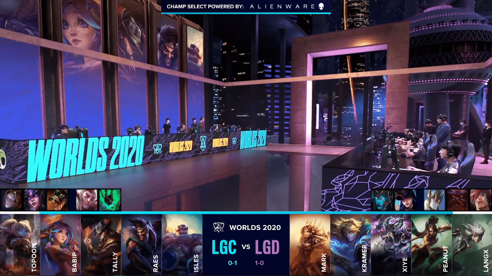 A wide shot of the Worlds 2020 stage with Legacy and LGD with their game two drafts below