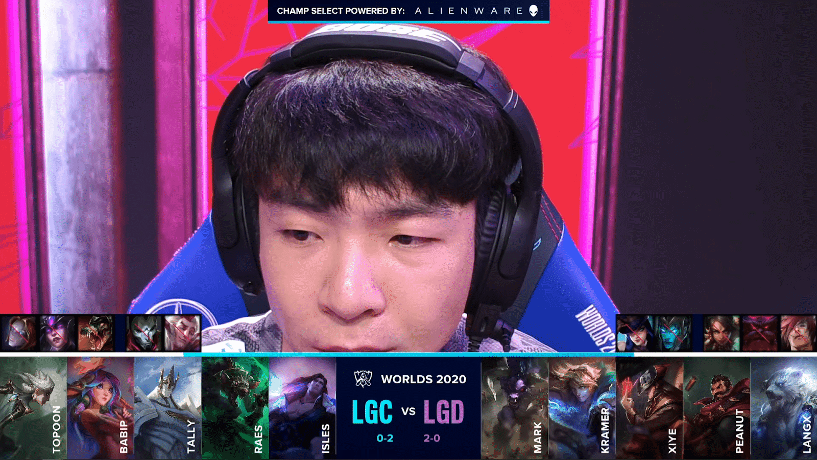 An LGD Gaming player before a Worlds match with the LGD and Legacy game three drafts below