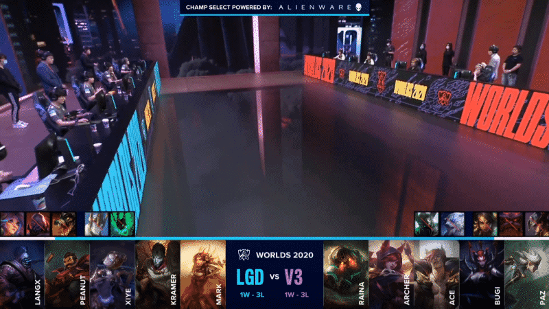 A shot of the LoL World Championship stage with LGD and V3 waiting to being a match with their team compositions below