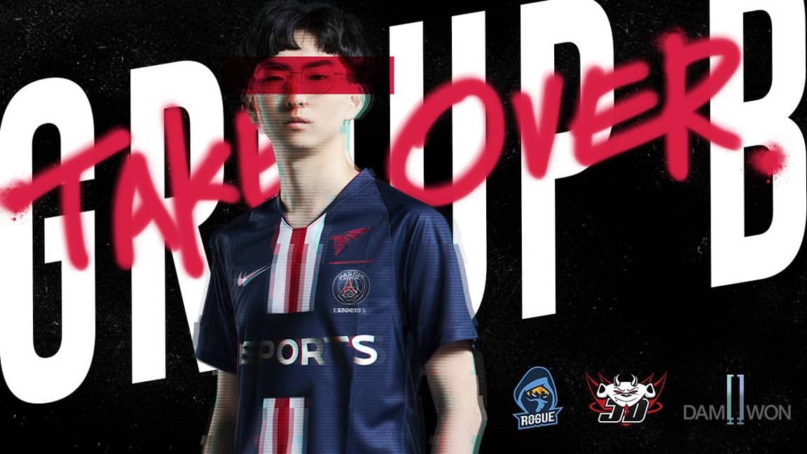 A PSG Talon LoL player stands with the words "Take Over" and "Group B" behind him