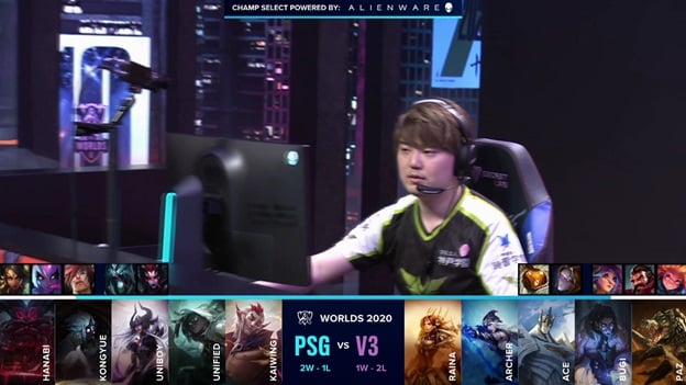 A V3 Esports player waiting on stage to start a game with the PSG and V3 drafts below
