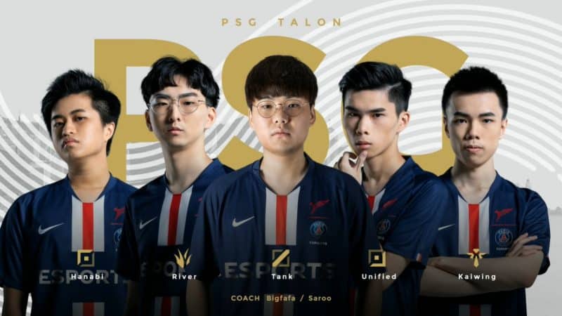 The PSG Talon LPL team of Hanabi, River, Tank, Unified and Kaiwing and their positions in front of them
