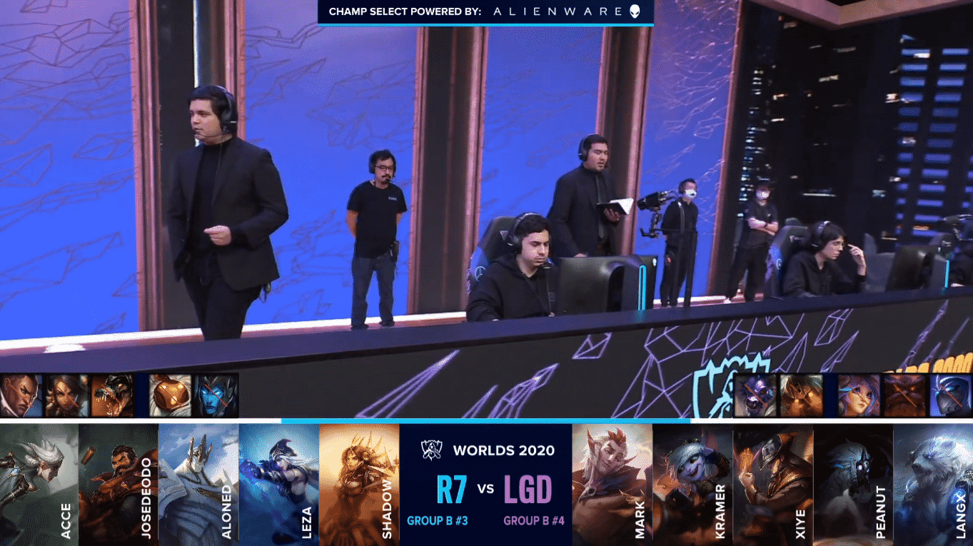 The R7 players and coaches get ready for a Worlds match with their game one draft versus LGD below