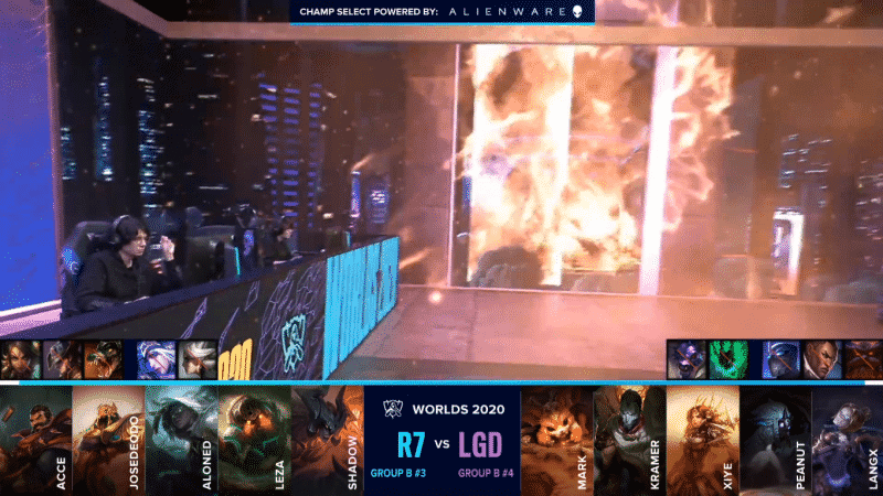 A fiery explosion appears on a screen beside to R7 LoL team with the R7 v LGD game two drafts below