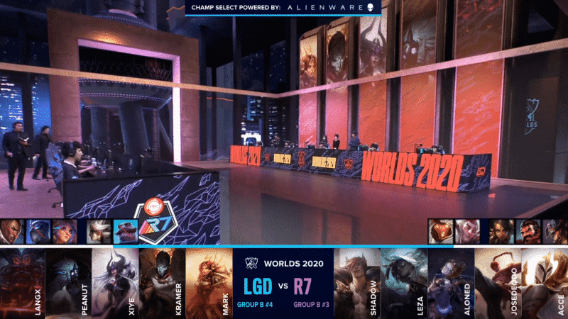The R7 and LGD teams on the Worlds stage with their game three drafts below