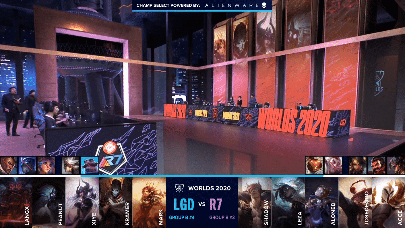 The R7 and LGD teams on the Worlds stage with their game three drafts below