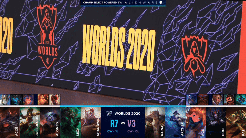 The Worlds 2020 logo appears on a screen above the drafts for Rainbow7 vs V3 Esports