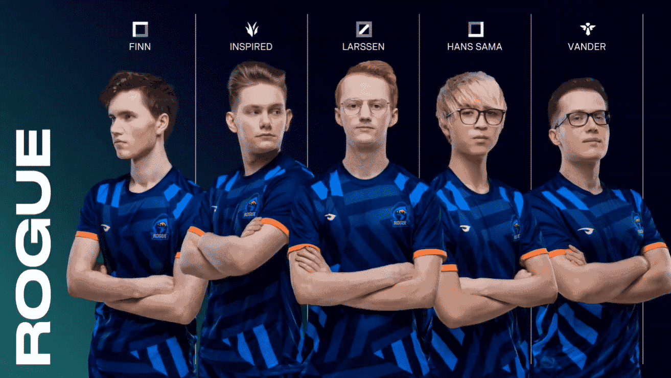 the Rogue LoL roster featuring Finn, Larssen, Inspired, Hans Sama and Vander