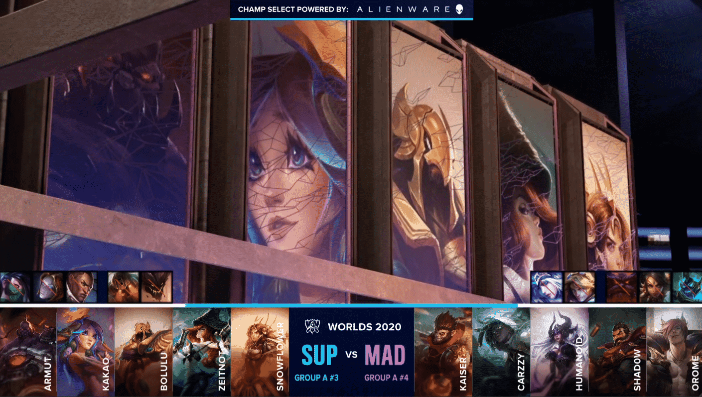 Champion portraits appear above the SUP and MAD game three drafts