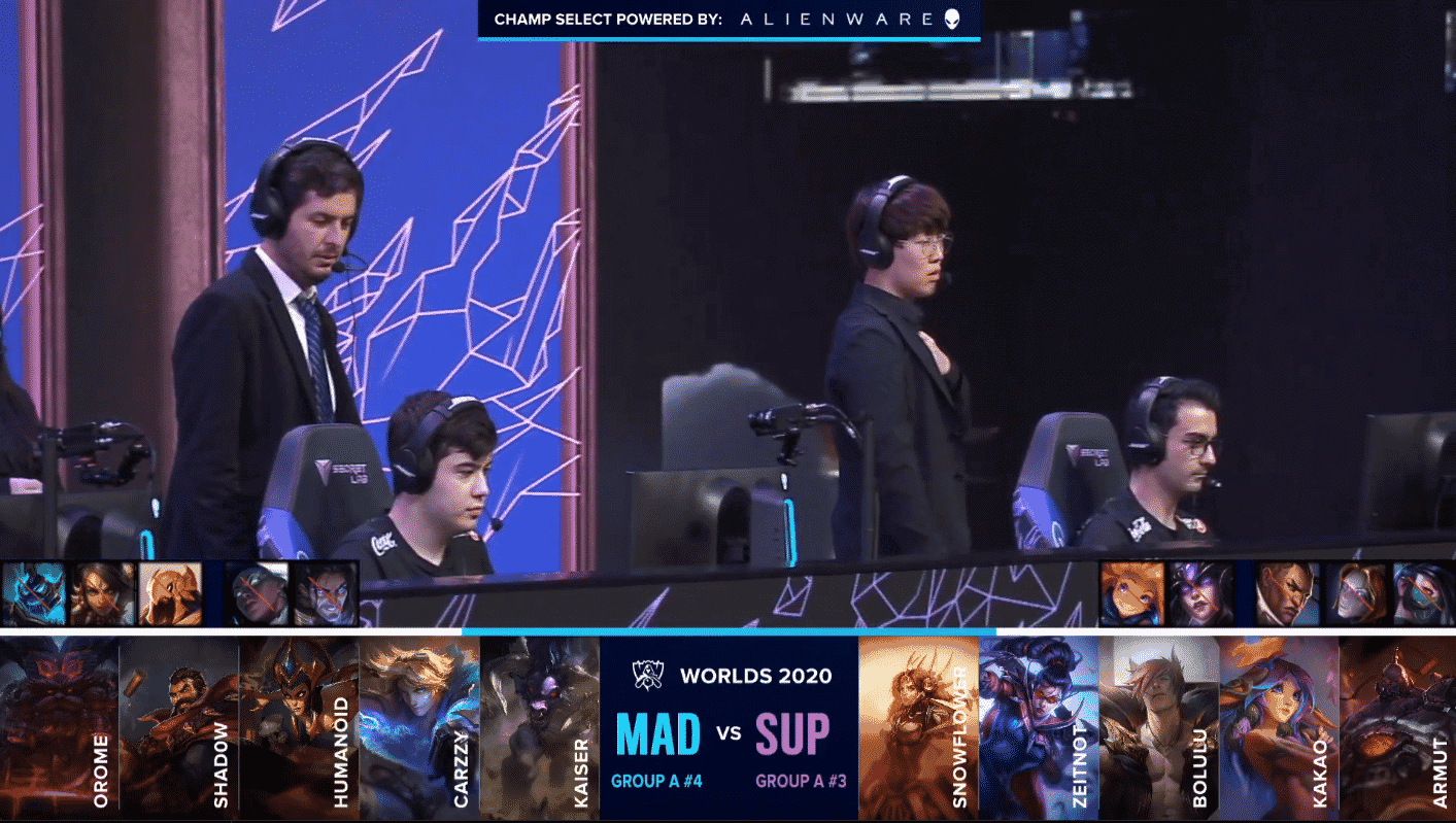 The SuperMassive LoL roster on the Worlds stage with their game 4 draft against MAD below