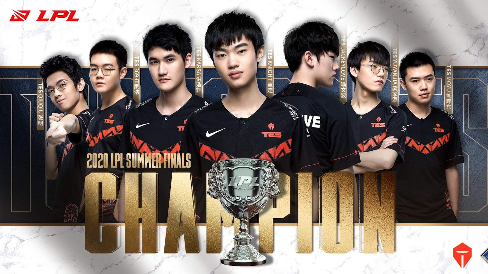 The Top Esports LPL roster with the worlds 2020 LPL Summer Finals Champion with a trophy