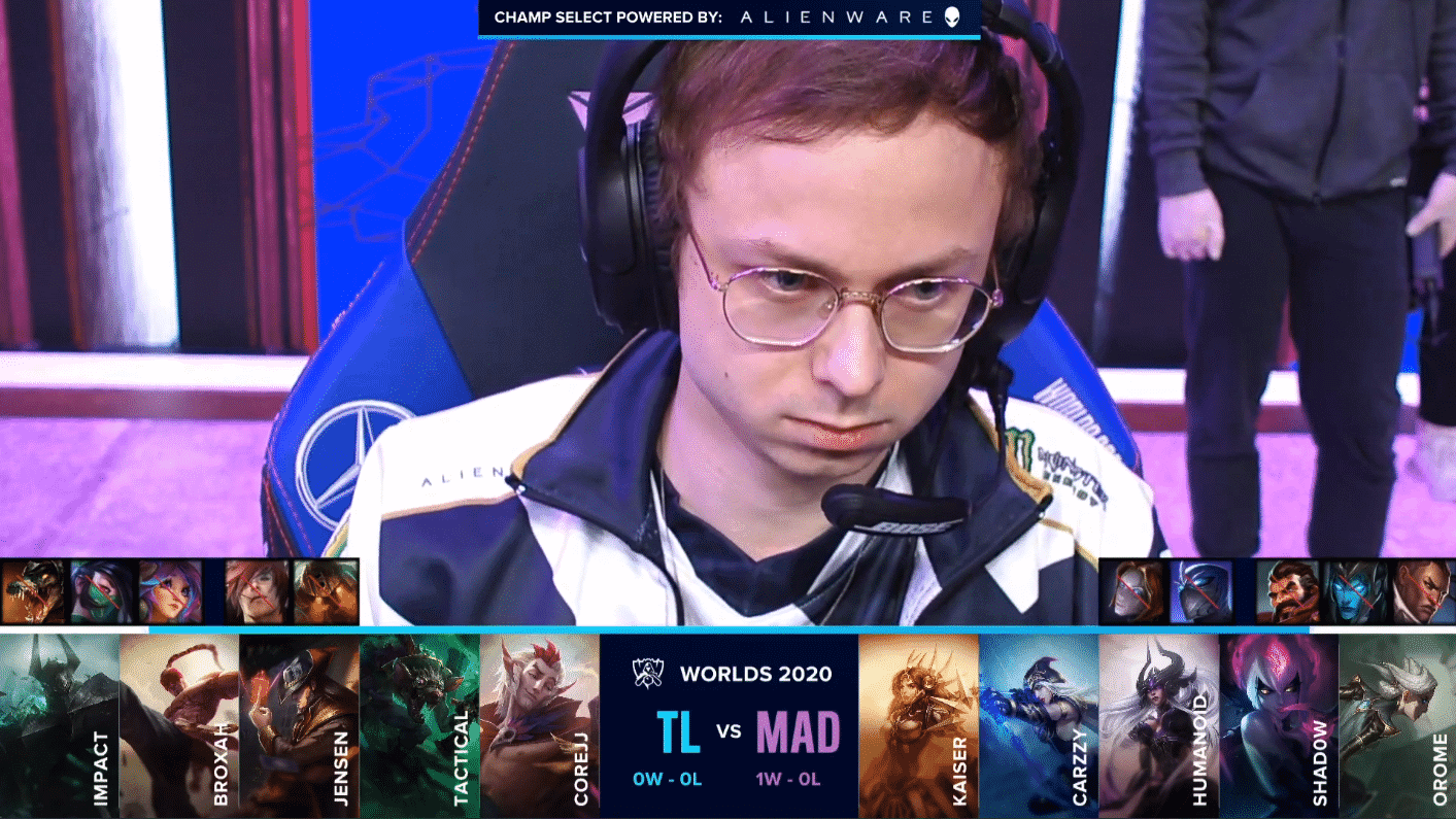 Team Liquid's Jensen's player cam on stage of Worlds 2020 with the TL and MAD Lions draft below