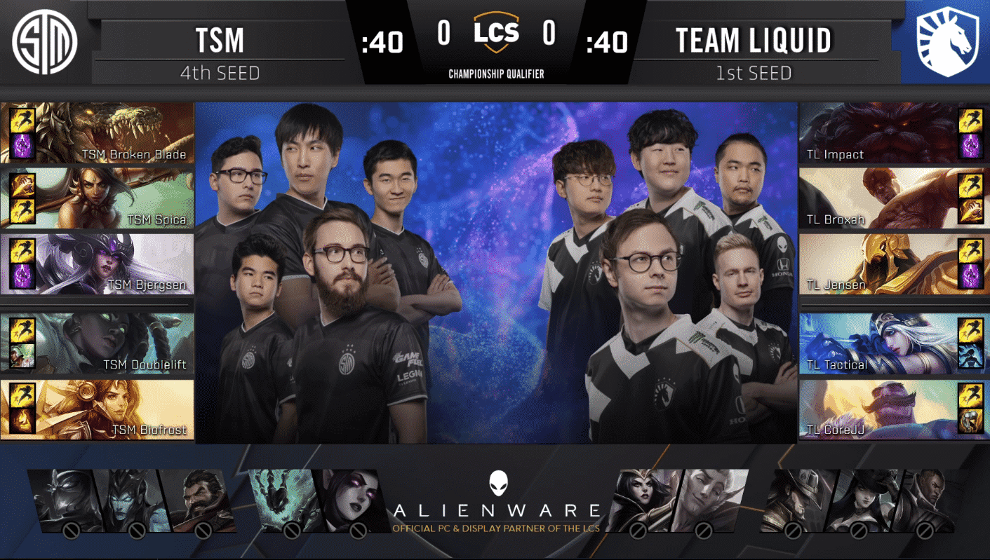 A pre-game screen showing the Team Liquid and TSM LCS rosters with their game drafts and champion images to the sides
