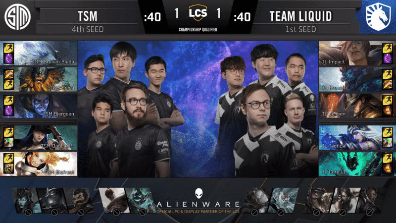 A pre-game screen showing the Team Liquid and TSM LCS rosters with their game drafts and champion images to the sides