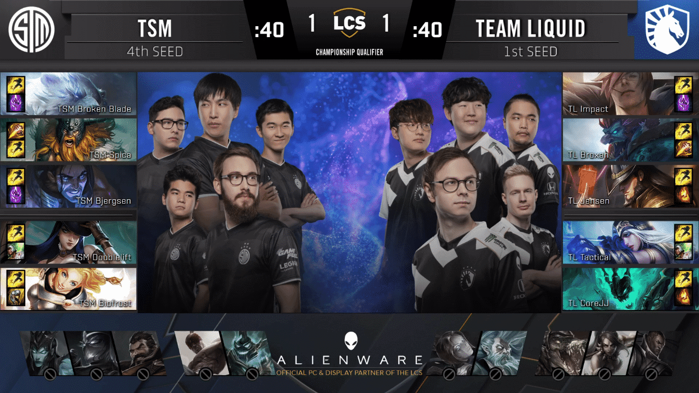 A pre-game screen showing the Team Liquid and TSM LCS rosters with their game drafts and champion images to the sides