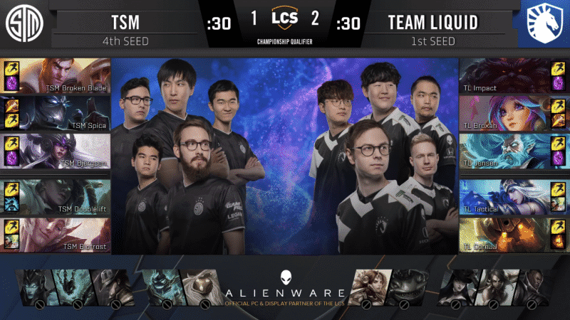 A pre-game screen showing the Team Liquid and TSM LCS rosters with their game drafts and champion images to the sides
