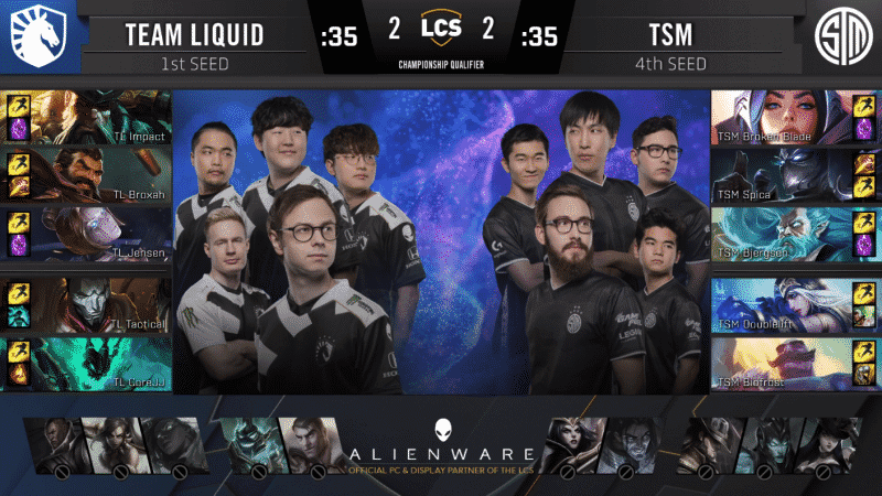 A pre-game screen showing the Team Liquid and TSM LCS rosters with their game drafts and champion images to the sides