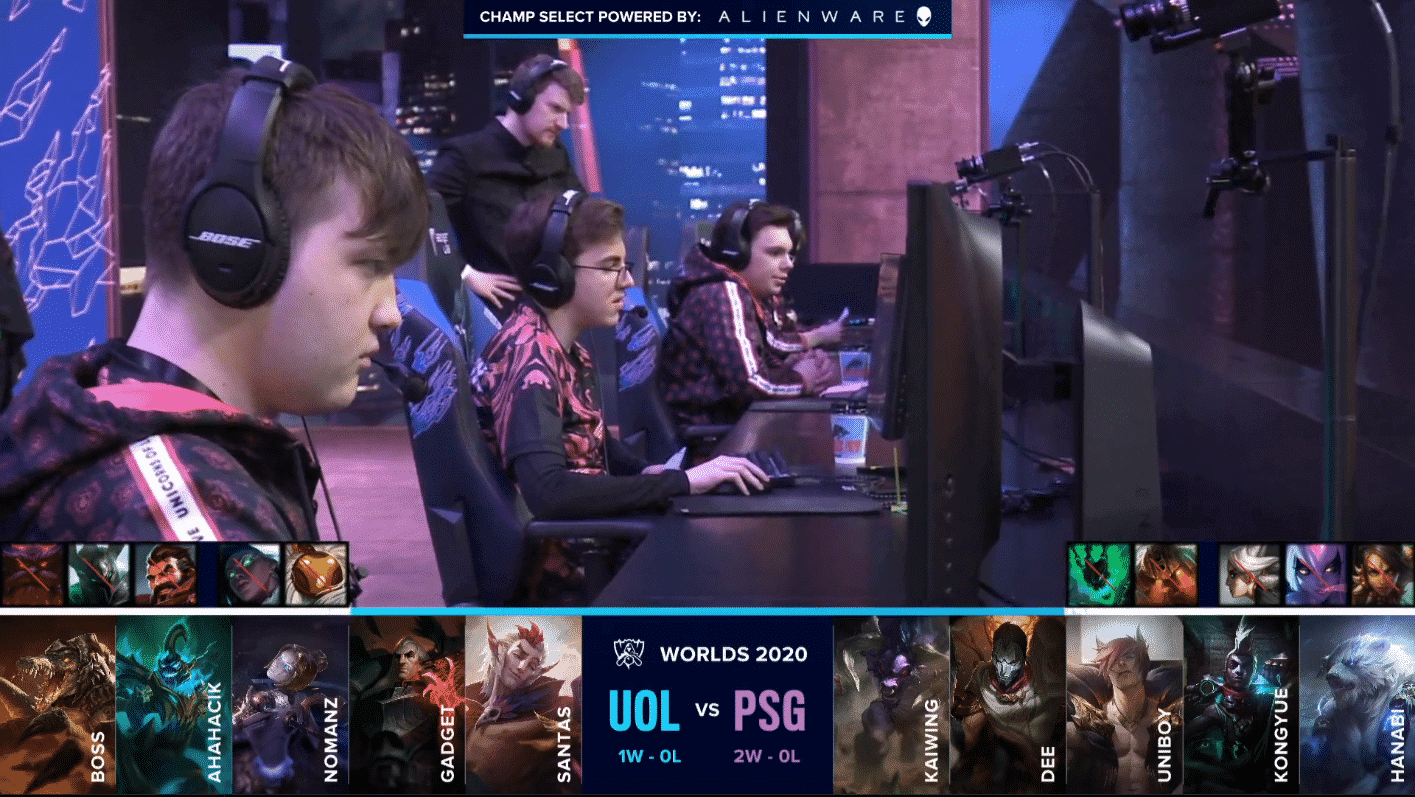 The Unicorns of Love sit ready to hop into their Worlds match versus PSG Talon with the team drafts beneath them
