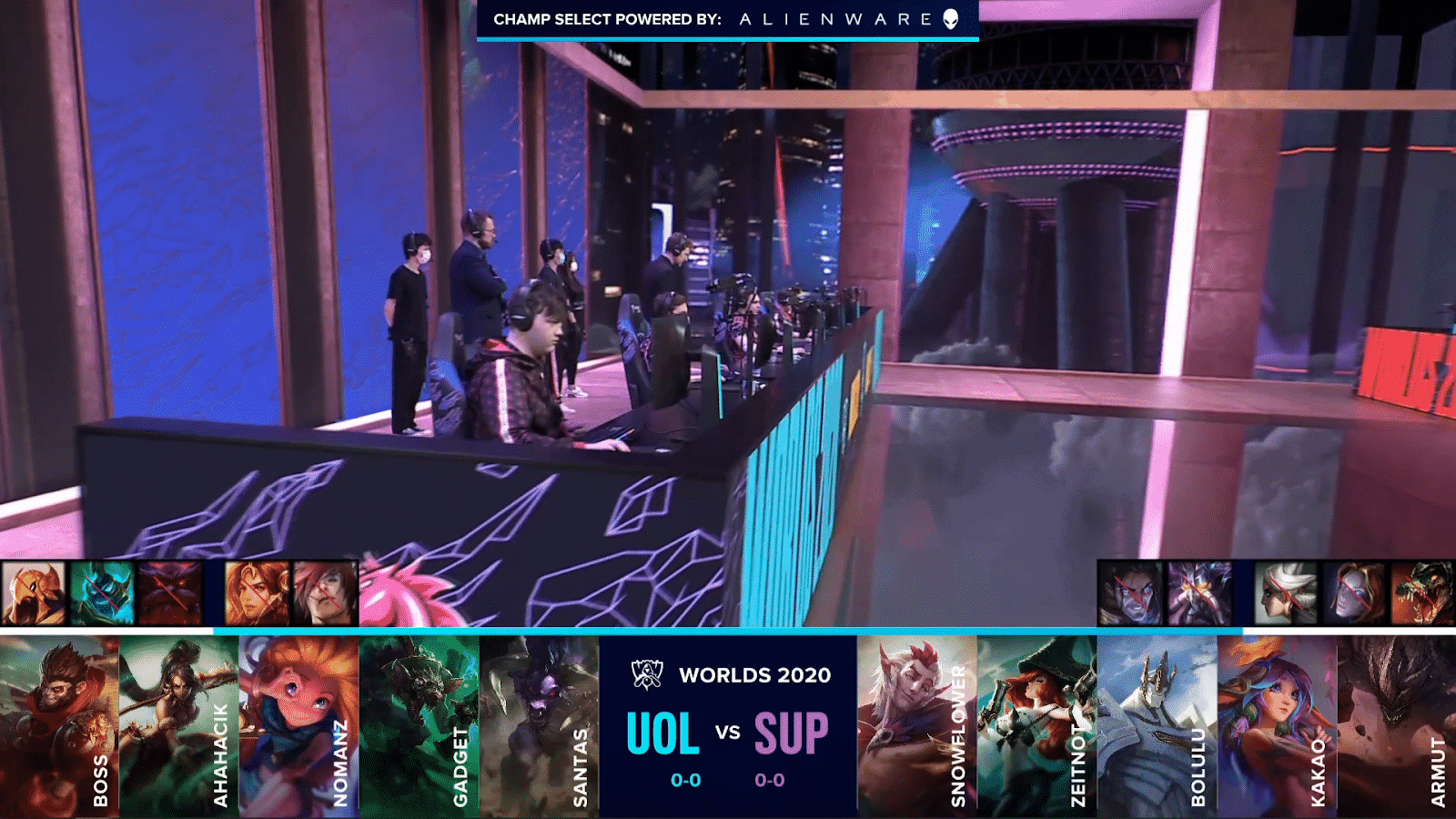 The Unicorns of Love LoL team on the Worlds 2020 stage with their game one draft against Supermassive below