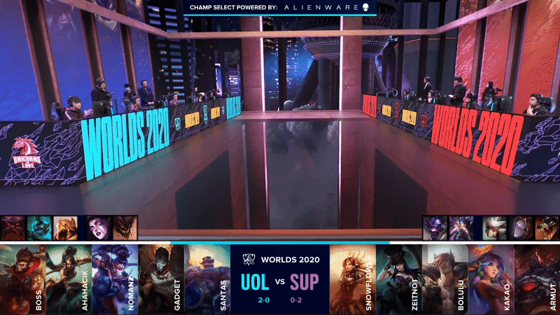 A wide shot of the Worlds 2020 stage with UOL and SUP standing by for game and their game 3 drafts below