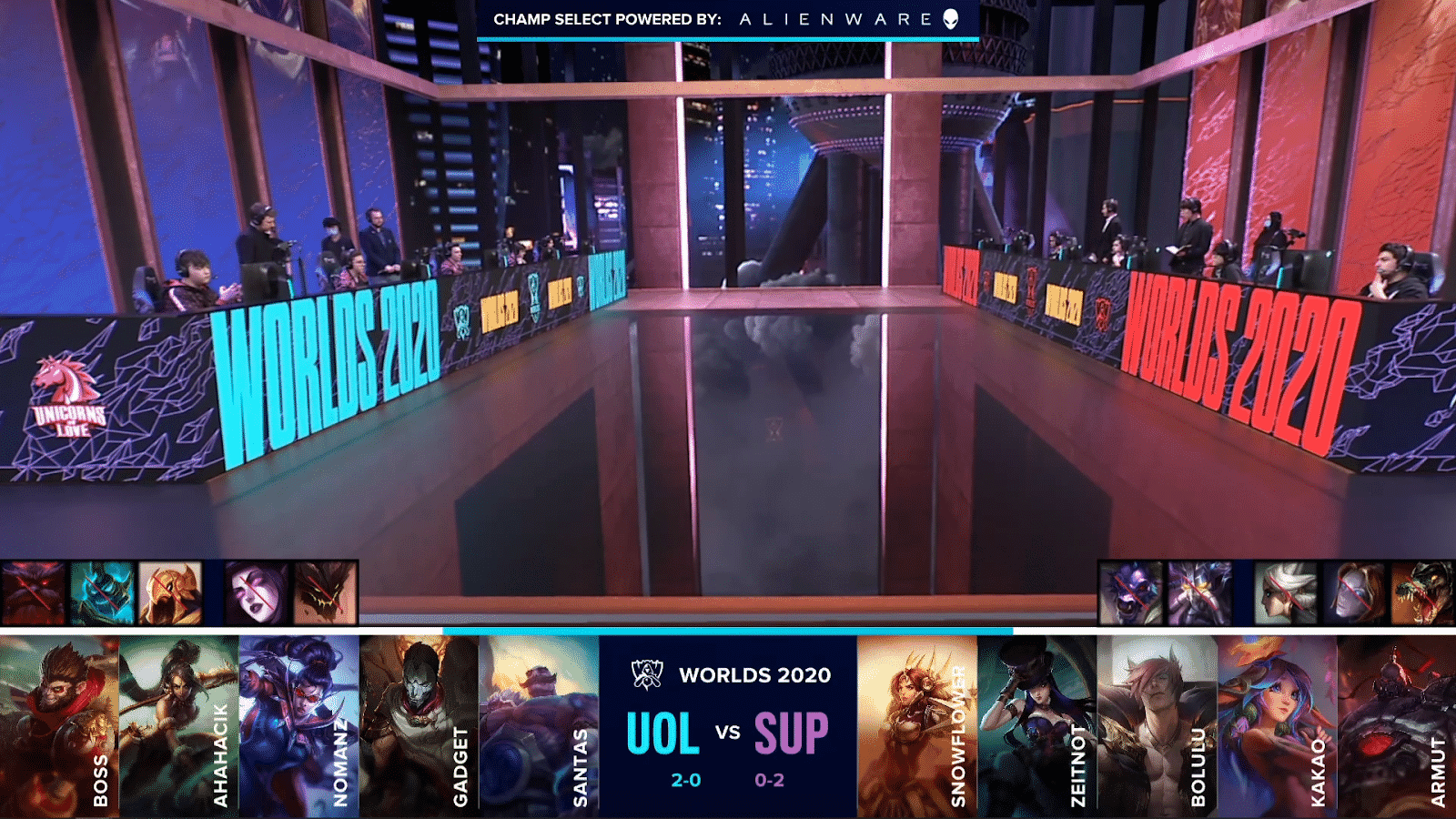A wide shot of the Worlds 2020 stage with UOL and SUP standing by for game and their game 3 drafts below