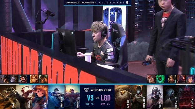 An LGD player on the Worlds stage with the V3 Esports and LGD Gaming drafts below