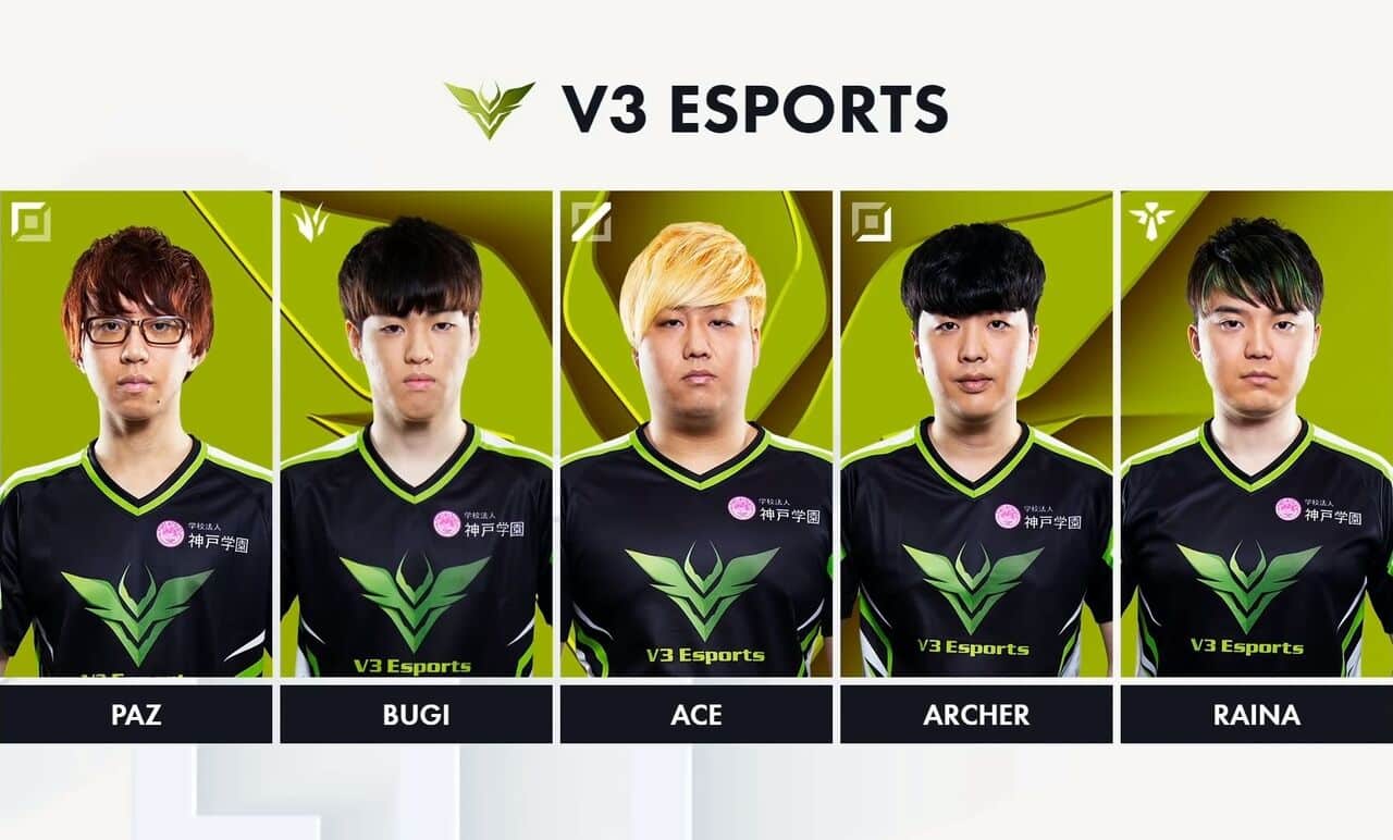 Medium shots of the V3 Esports LJL roster featuring Paz, Bugi, Ace, Archer, Raina