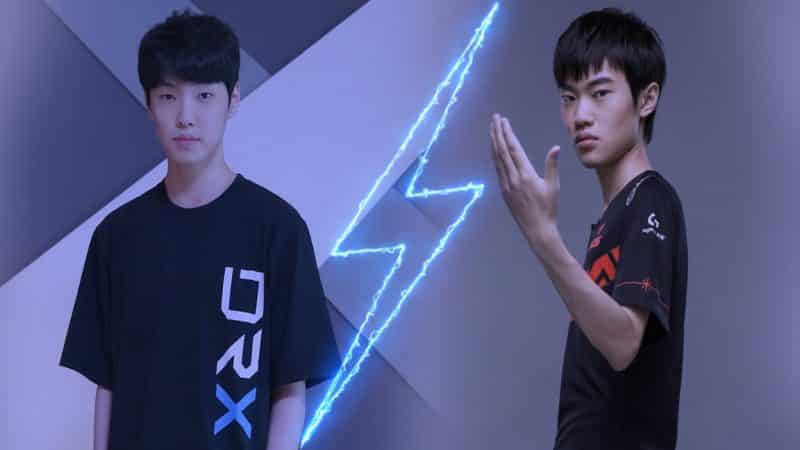 LoL mid laners Chovy and Knight standing across from each other and a lightning bolt between them